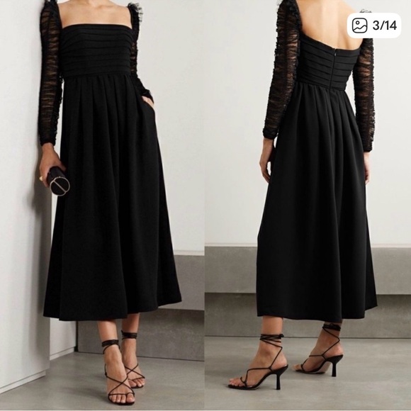 Self-Portrait Black Midi Dress with Sheer Sleeves - Picture 3 of 4